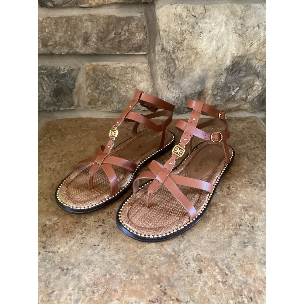 Sam Edelman Teeni Cognac Leather Gladiator Sandals Woven Raffia Gold Logo 7M NEW